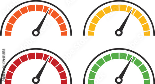 Credit score speedometer style indicators with red orange yellow green gauges