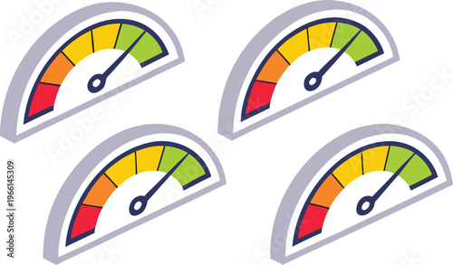 Isometric style credit score meters with different ratings gauges