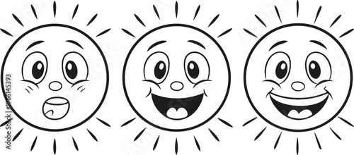 Hand drawn cartoon sun faces with surprised happy and smiling expressions emotions
