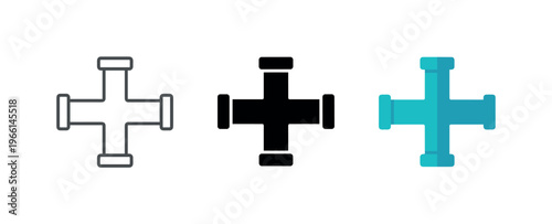 Set of pipe junction icons in outline, solid black, and blue gradient styles