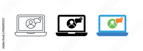 Digital community icons on laptop screens showing user profiles and messages