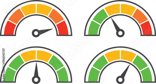 Four credit rating gauges with varying scores meters dials
