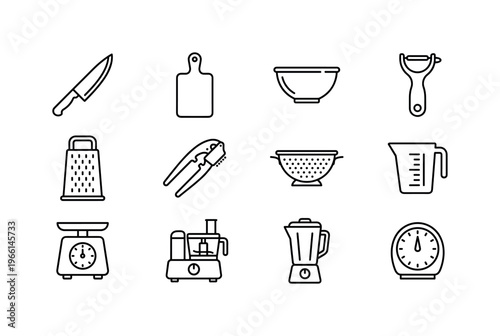 Collection of kitchen utensil icons in a clean, modern line art style
