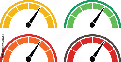 Colorful speedometer style indicators with different colored gauges and needles on white background