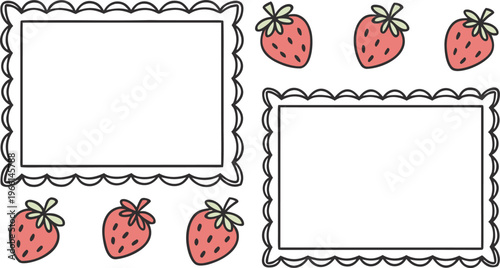 Hand drawn frames set with sketchy lines and irregular borders surrounded by strawberries