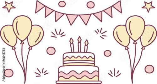 Hand drawn birthday party with cake balloons bunting