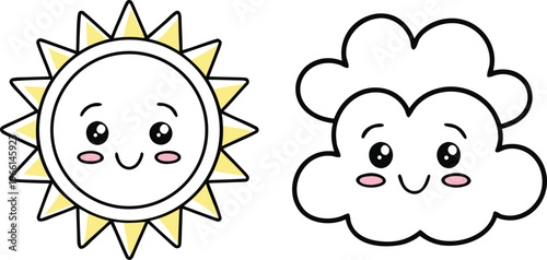 Doodle weather set with hand drawn cute sun and cloud weather hand drawn