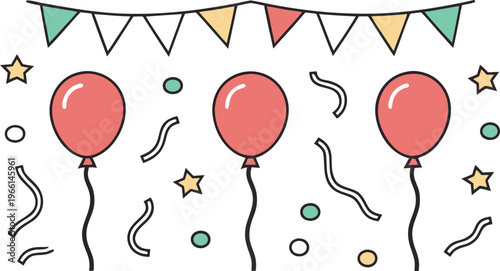Colorful party doodle with balloons and bunting celebration confetti