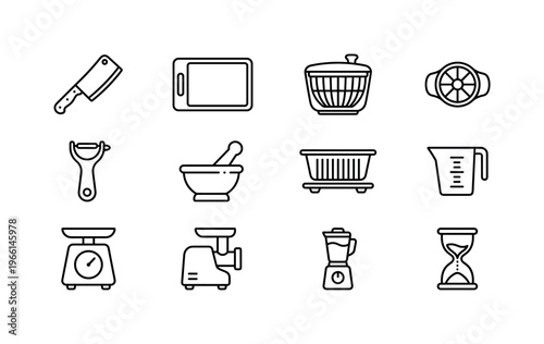 Collection of kitchen utensil icons in a clean, modern line art style