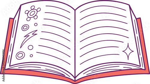 Hand drawn open textbook with sketchy lines and purple outlines on white pages and red cover