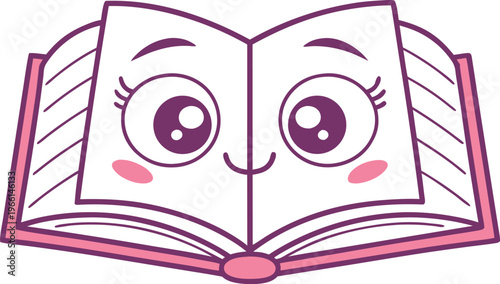 Kawaii open textbook with big eyes and smile open book
