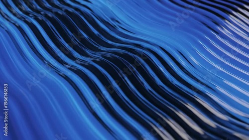 Abstract blue gradient ribbed glass texture glows with vertical wave lines and glossy light reflection across a modern surface background.