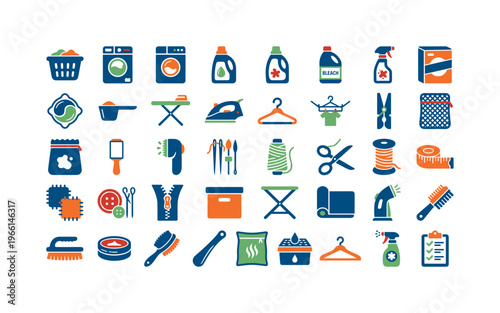 Collection of laundry and sewing icons in flat design style