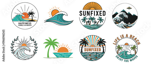 Collection of circular beach themed designs featuring suns waves and palm trees