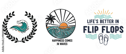 A collection of summer themed graphic designs featuring waves palm trees and flip flops