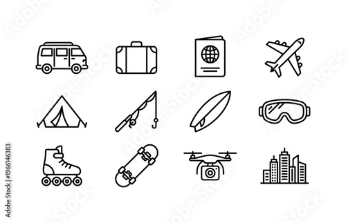 Collection of travel and leisure activity icons for vacation planning