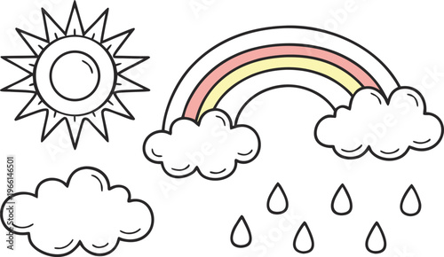 Doodle weather symbols sun rainbow clouds raindrops