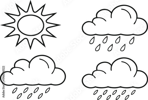 Hand drawn weather with sun and rain clouds weather hand drawn raindrops