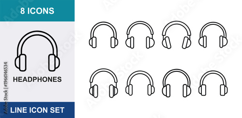 Minimalist headphones line icon set, 8 icons of audio headsets and music earphones, modern thin stroke vector symbols for sound and podcasting