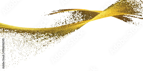 Golden glitter swirl with particles flowing on white background - abstract dynamic background