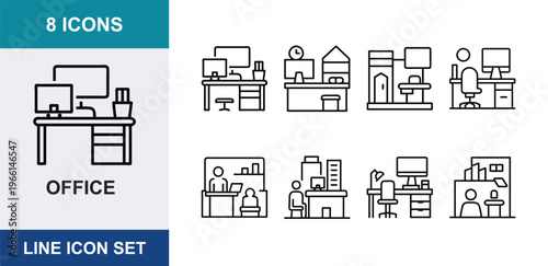 Modern office line icon set, 8 workspace and desk environment icons, professional business workstation and interior design vector elements