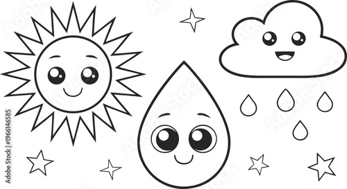 Cute weather doodles with smiling sun cloud raindrop and stars 1