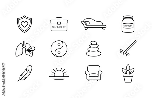 Collection of self-care and wellness icons for mental health and relaxation