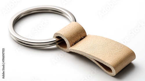 A minimalist keychain with a stainless steel split ring and thick tan leather tag is showcased in a professional studio photograph against a clean white background