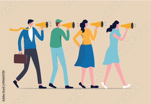 Marketing strategy, word of mouth people tell friend about good product and service, vebally tell story or communication concept, people using megaphone to tell story to their friends