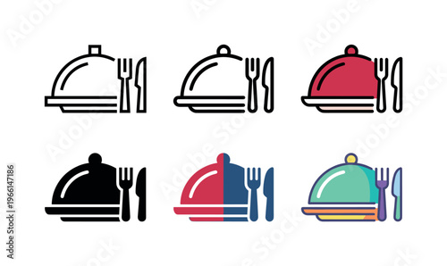 Collection of food cloche icons with cutlery in various styles and colors