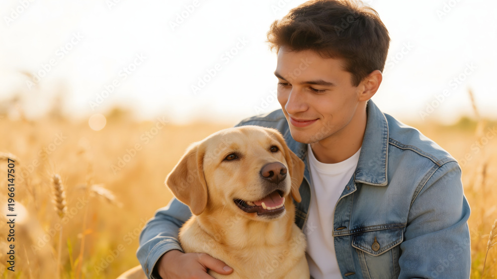 Obraz premium Young man with dog in field