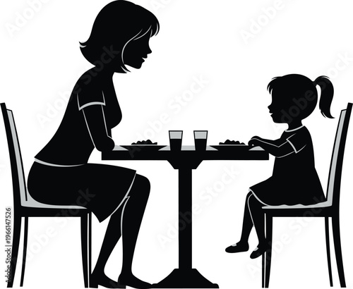 Black silhouette of mother and daughter eating together at a table, family meal time vector illustration, parent and child dining in a restaurant