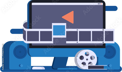 flat illustration of a video editing setup, featuring a monitor displaying a play button and a film strip, with speakers and a film reel - svg 