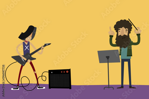 A cartoon illustration of a punk rock guitarist with spiky hair, wearing a sleeveless shirt and ripped pants, playing a black electric guitar connected to an amplifier