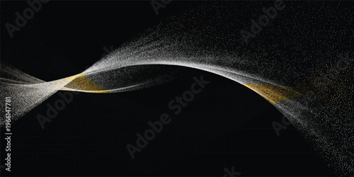 White and gold flowing ribbon of particles, abstract motion background with glitter, elegant curves on black, particle effect