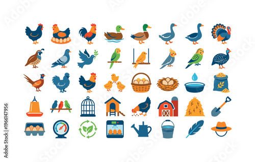 Collection of charming flat icons representing various domestic birds and poultry farm elements
