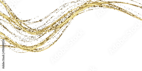 Golden wavy light streak on a white background, abstract glowing particles and lines, elegant and festive, light effect