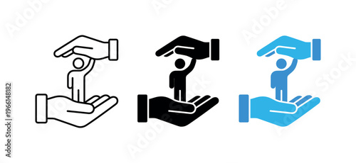 Hands protecting and supporting a person icon in three styles