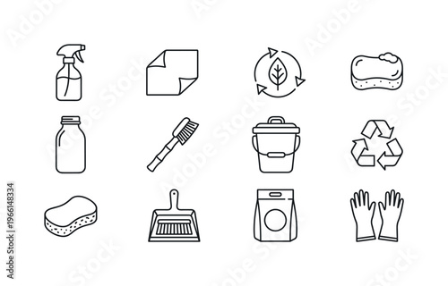 Set of eco-friendly cleaning supplies and recycling symbols