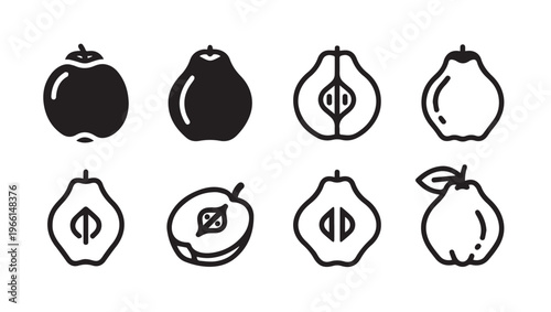 Fruit Icons: Pears and Whole and Halved Solid and Outline Styles