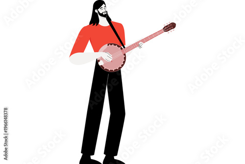 A stylized illustration of a man with a long beard and dark hair, wearing a red t-shirt and black pants, playing a banjo ,vector