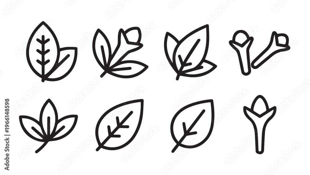 Obraz premium Herbal Leaf and Spice Icons Set: Botanical Elements and Natural Ingredients Outline Graphics