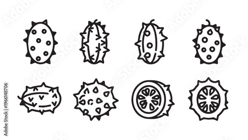 Kiwano Horned Melon Fruit Icons Set Various Styles Line Art Illustration