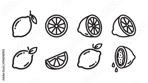 Lemon Icons Set: Whole Sliced and Halved Citrus Fruit Illustrations Black and White Line Art