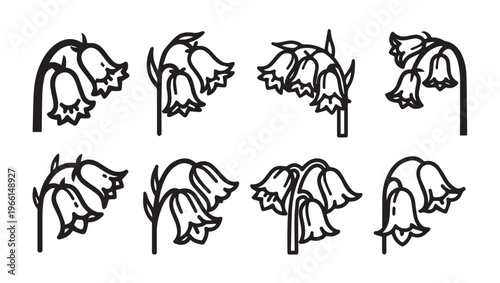 Lily of the Valley Flower Icons Black and White Line Art Set of 8 Variations