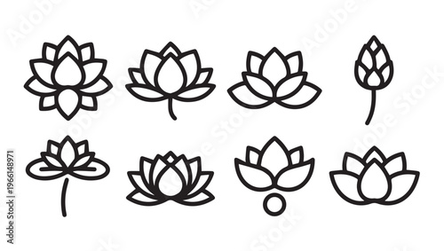Lotus Flower Icons Collection Vector Simple Outline Designs