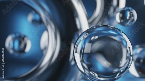 Round glass lenses with a reflective torus arrangement float in an abstract futuristic background of blue minimalist optical design.