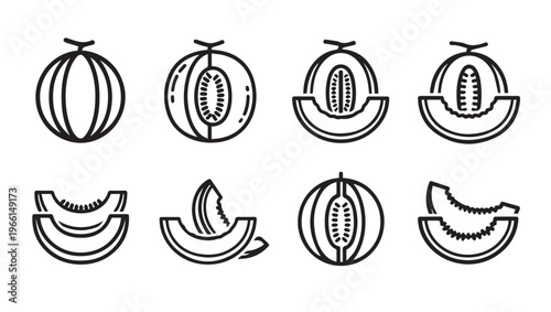 Melon Slices and Halves Icon Set Line Art Fruit Collection