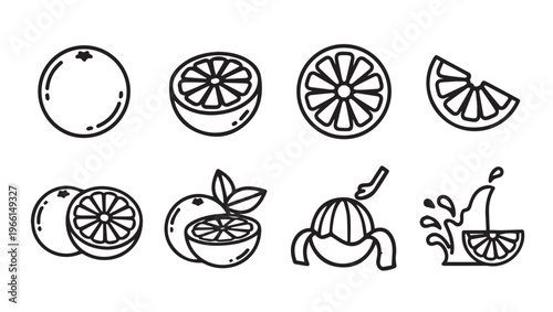 Orange Fruit Icons: Whole Sliced Juicing and SplashLine Art
