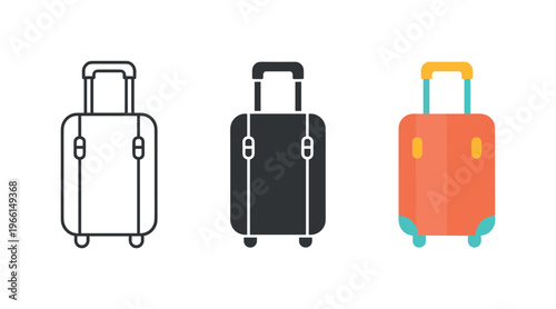 Collection of three wheeled luggage icons in different styles